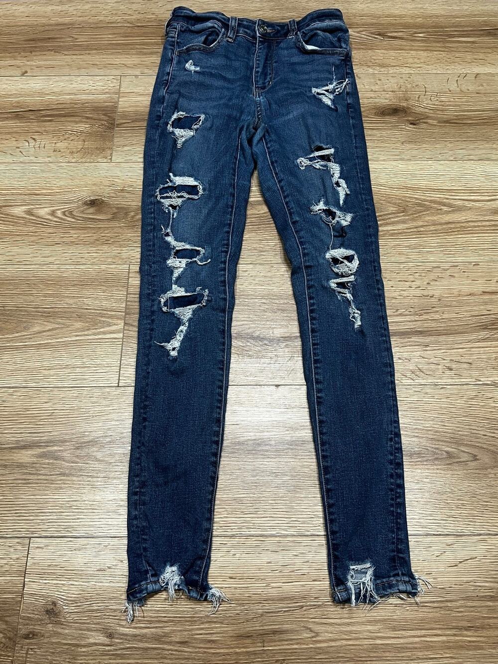 American Eagle Womens Jeans Size 2 Blue Distressed Stretch Skinny (A00)
